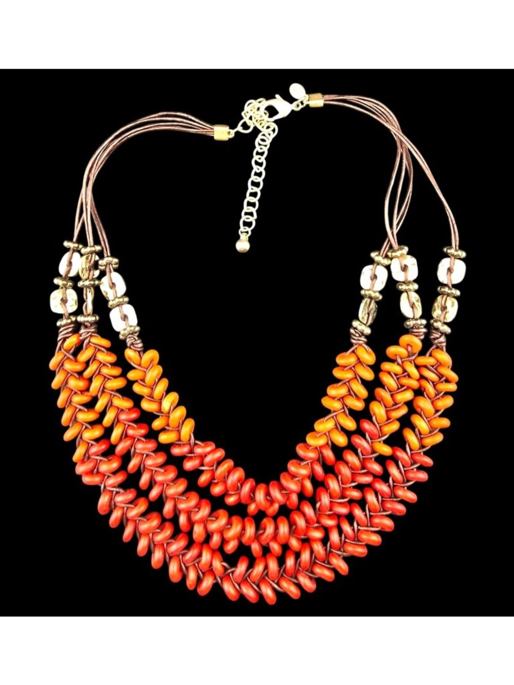 Chicos Multi-Strand Orange Red Beaded Necklace Gold Boho Statement